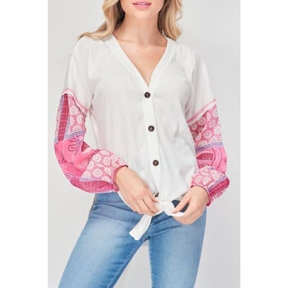 NWT Baea Size S Boho Mixed Cardigan Sweater Pink Contrasting Sleeves MSRP $98 - Picture 1 of 12
